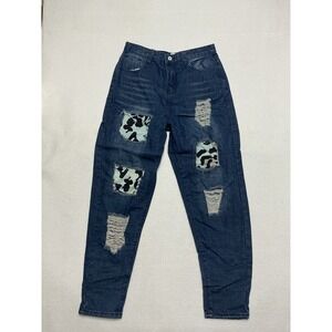 Misslook Womens Cow Print Patchwork Distressed Straight Leg Y2K Jeans Blue M